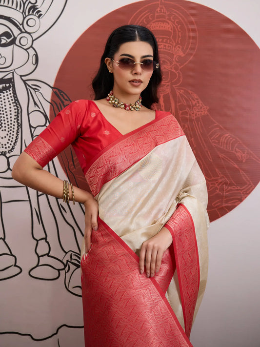 Beige-Red Paper Silk Zari Weaving Saree