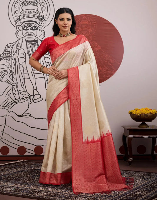 Beige-Red Paper Silk Zari Weaving Saree