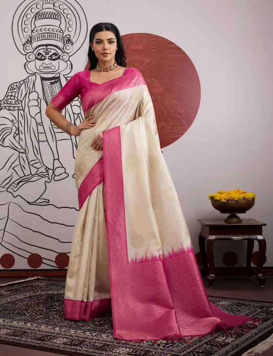 Beige-Pink Paper Silk Zari Weaving Saree