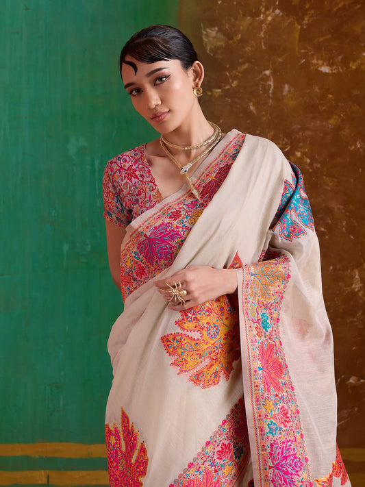 Off White Cotton Pashmina Weaving Saree