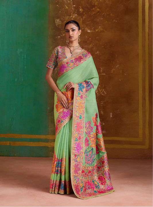 Pista Green Cotton Pashmina Weaving Saree