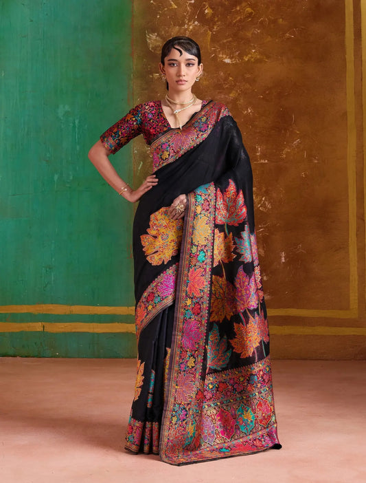 Smoky Black Cotton Pashmina Weaving Saree