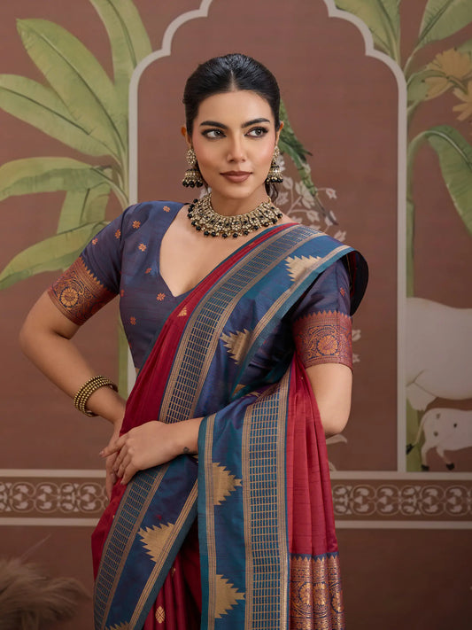 Rich Maroon Tussar Silk Handloom Weaving Saree