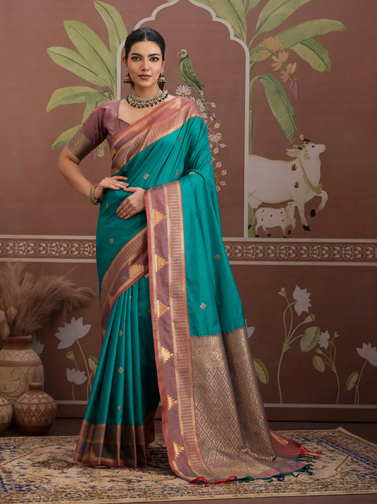 Teal Blue Tussar Silk Handloom Weaving Saree
