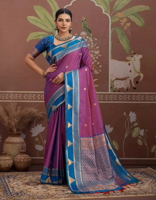 Warm Purple Tussar Silk Handloom Weaving Saree