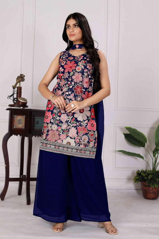 Dark Blue Georgette Palazzo Salwar Suit With Sequence Embroidery Work