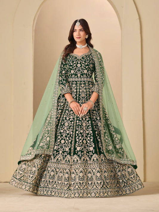 Emerald Green Velvet Heavy Embroidered Gown