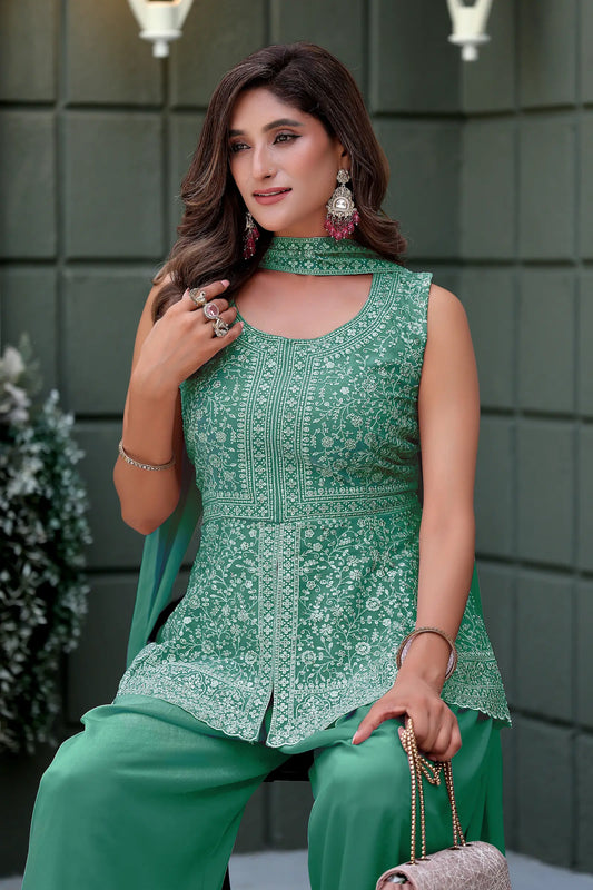 Sea Green Star Georgette Embroidery Palazzo Suit
