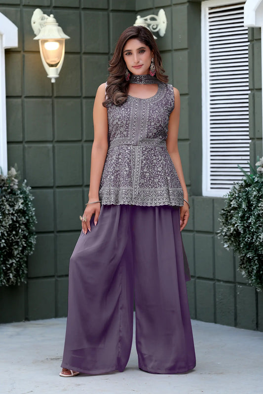 Lavender Star Georgette Embroidery Palazzo Suit