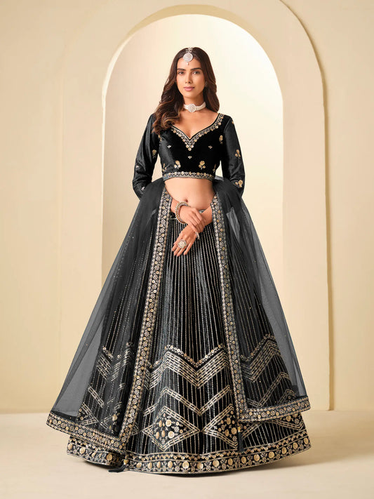 Hot Black Velvet Lehenga Choli With Embroidery