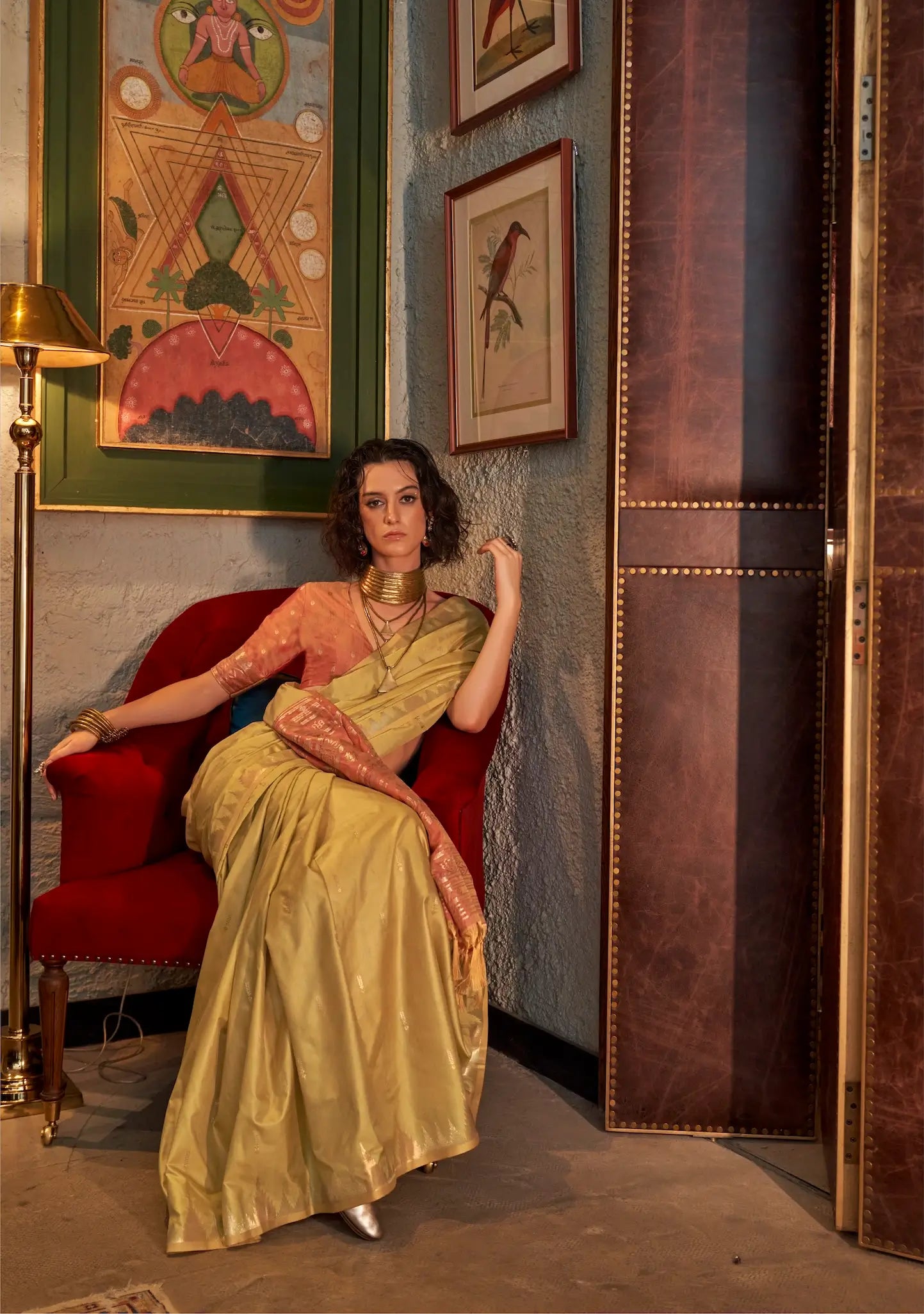 Camel Silk Saree With Contrast Ikkat Design Pallu