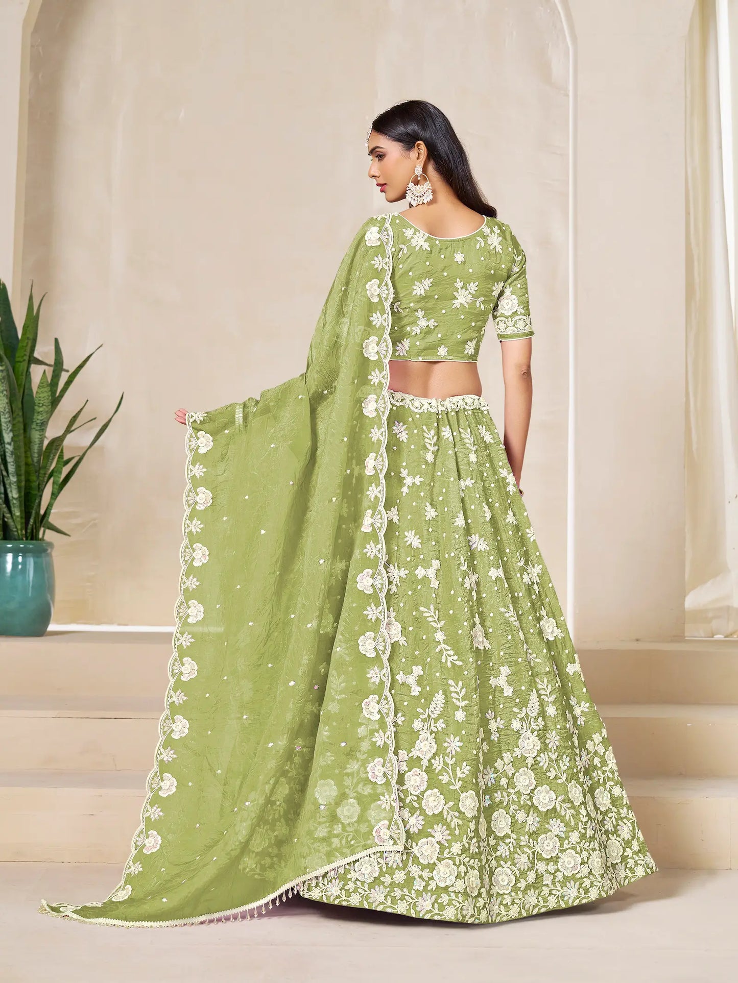 Tan Green Gold Crush Embroidery Lehenga Choli