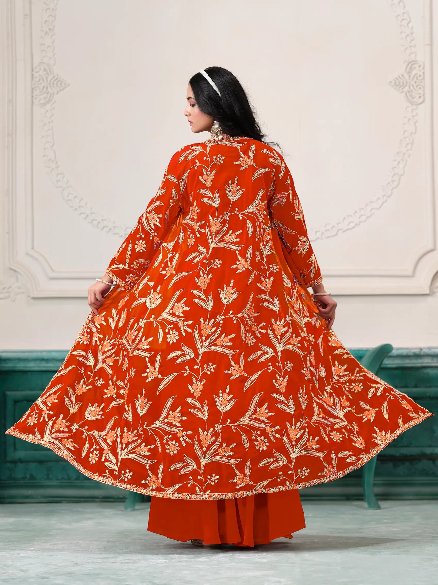 Orange Georgette Indo Western Set With Thread & Sequins Embroidery Work