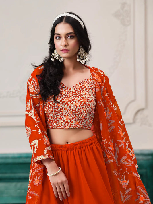 Orange Georgette Indo Western Set With Thread & Sequins Embroidery Work
