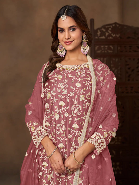 Brownish Pink Net Embroidery Palazzo Suit