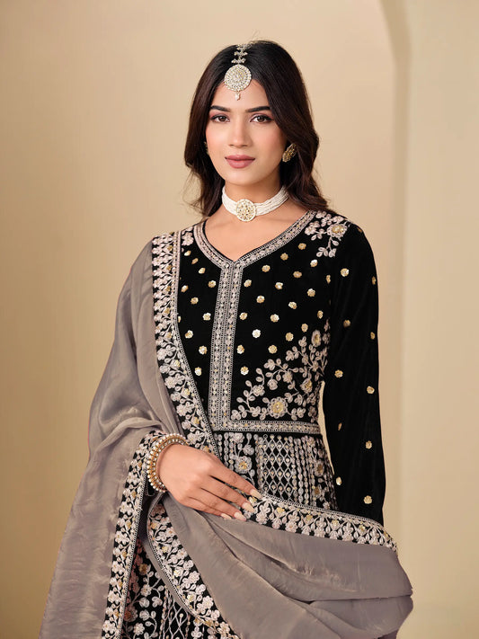 Jet Black Velvet Heavy Embroidered Gown