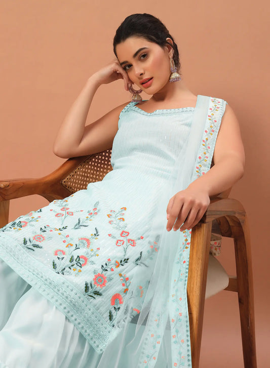 Sky Blue Georgette Sequence Embroidery Work Salwar Suit