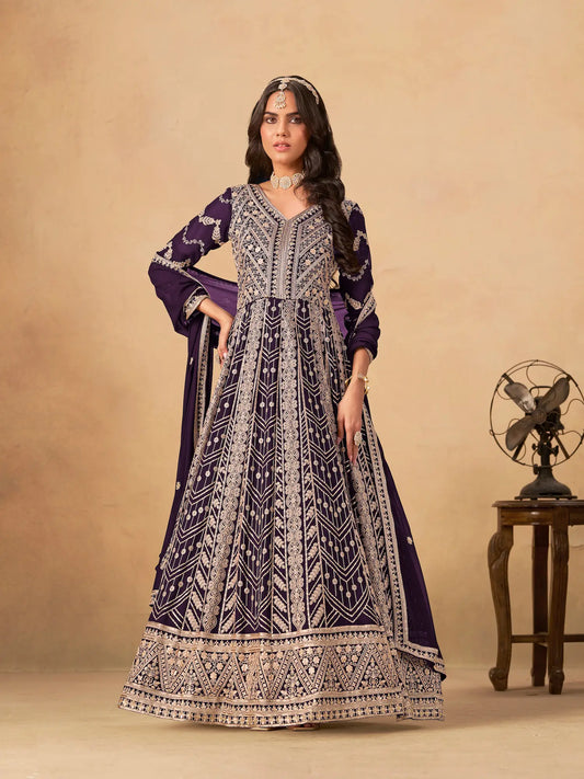 Deep Purple Georgette Embroidery Work Gown