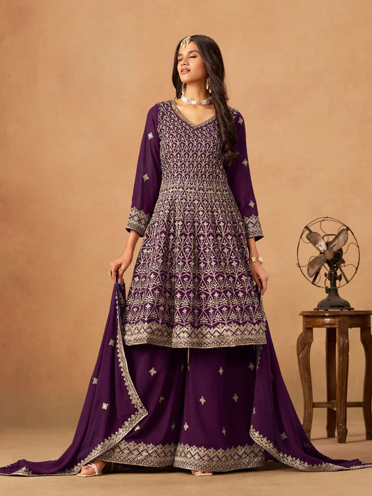 Purple Georgette Embroidery Work Palazzo Set