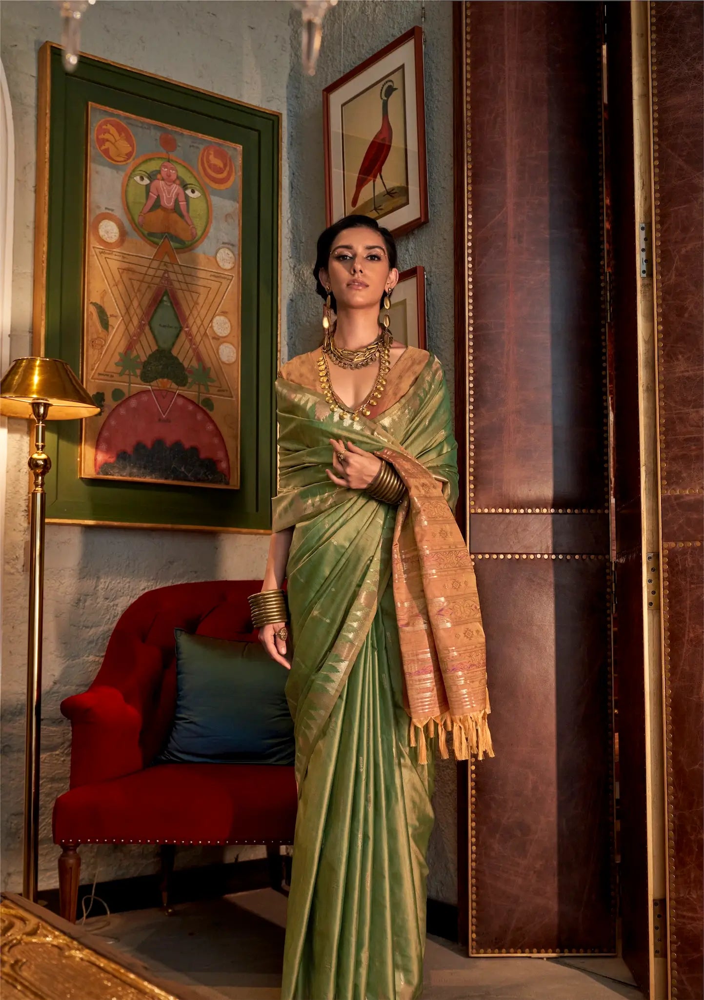 Greenish Silk Saree With Contrast Ikkat Design Pallu
