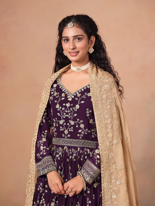 Purple Georgette Embroidery Gown With Organza Dupatta