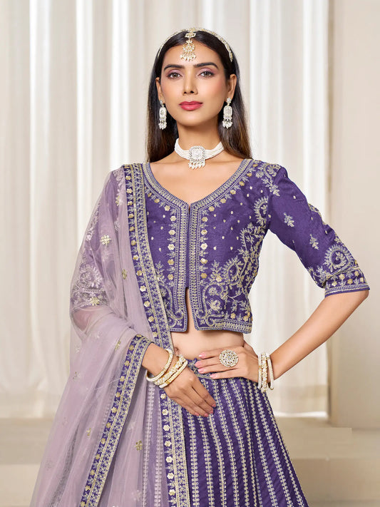 Purple Art Silk Thread & Sequins Embroidery Lehenga Choli