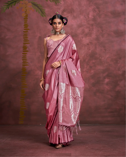 Light Pink Satin Handloom Banarasi Zari Weaving Silk Saree