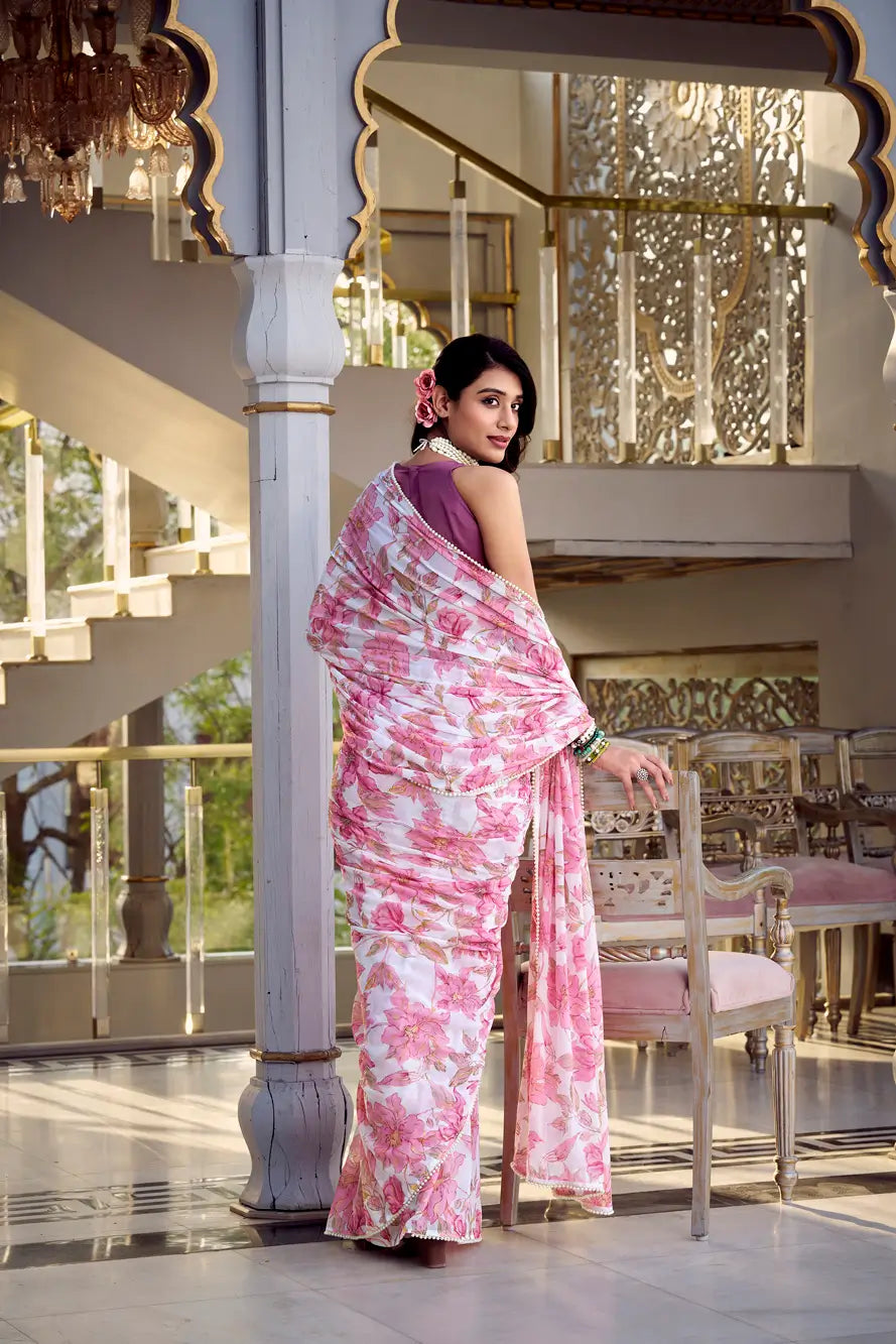 Light Pink Weightless Marbal Saree With Floral Print & Pearl Lace Border