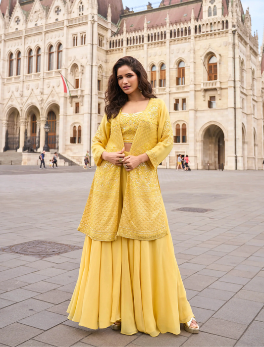 Light Mustard Heavy Embroidered Indo Western Set