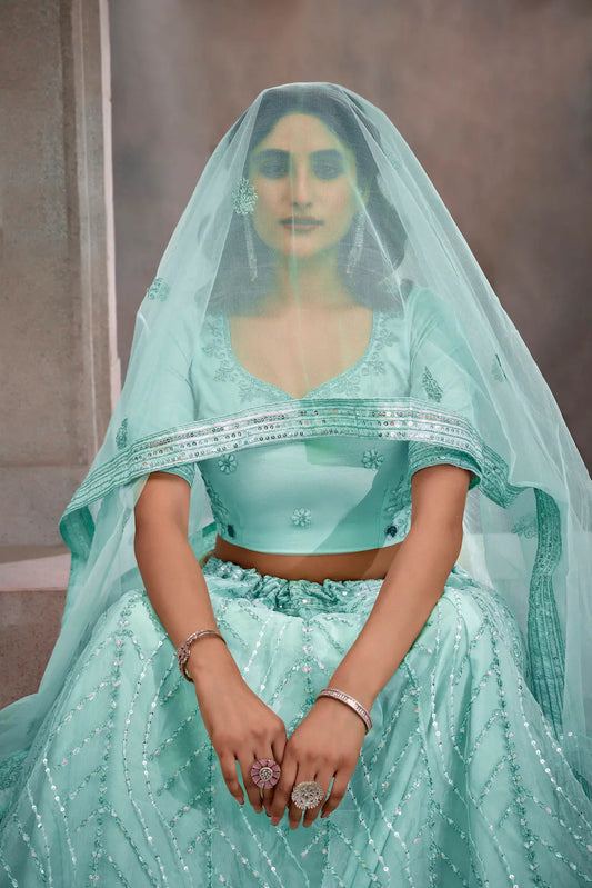 Turquoise Blue Net Lehenga Choli With Thread & Sequence Embroidery Work