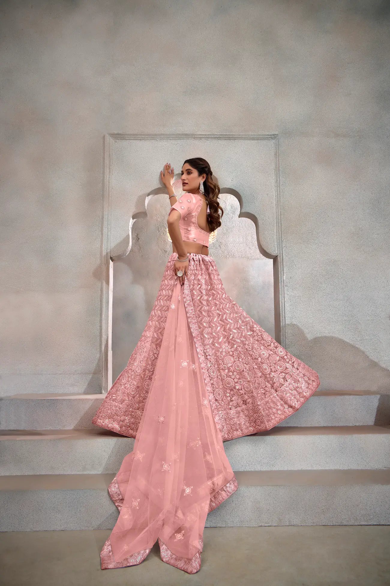 Peach Net Thread & Sequence Embroidery Work Lehenga Choli
