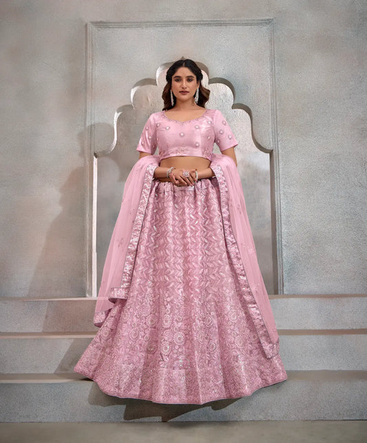 Light Pink Net Thread & Sequence Embroidery Work Lehenga Choli