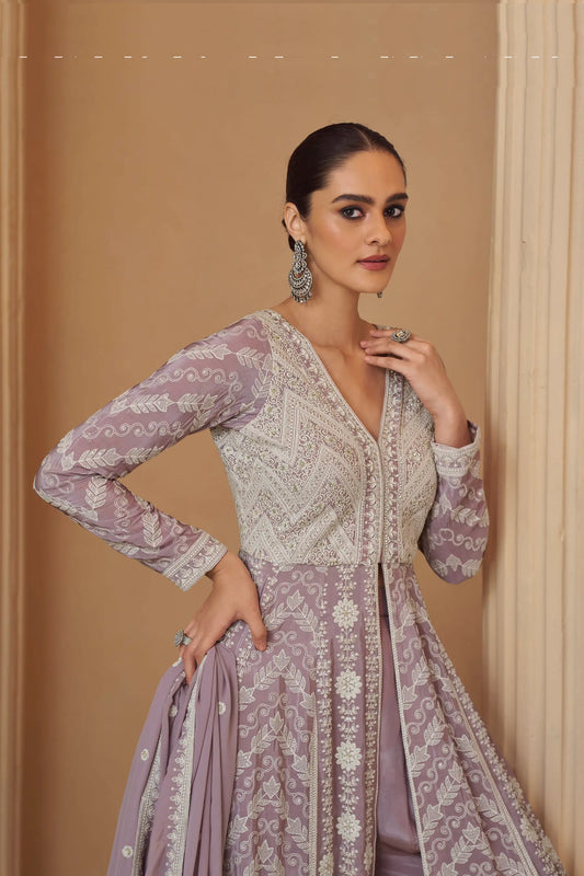Dusty Lavender Georgette Embroidery Gown