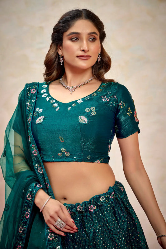 Teal Green Net Thread & Sequence Embroidery Work Lehenga Choli