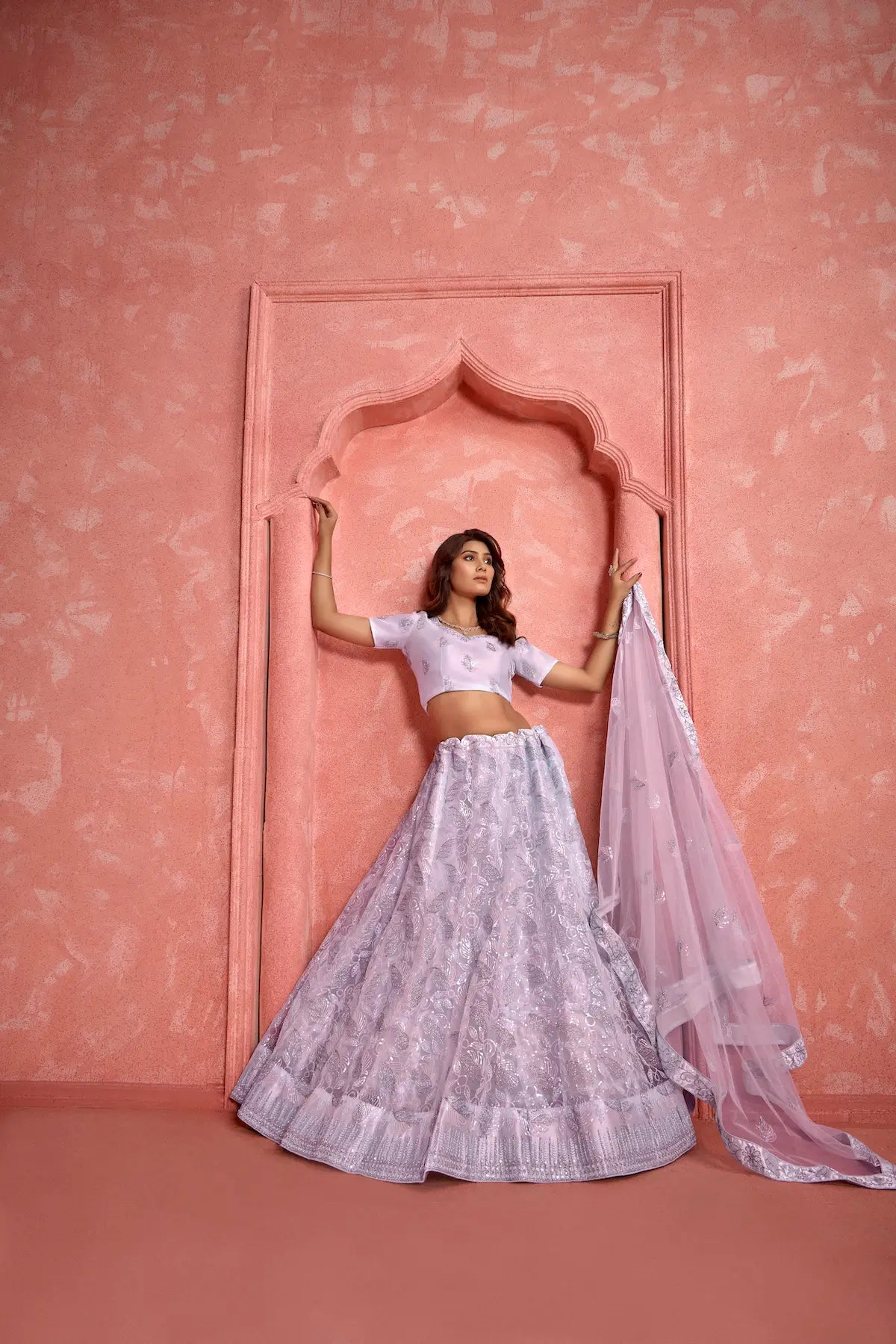 Lavender Net Sequence & thread Embroidery Work Lehenga Choli