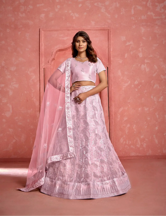 Light Pink Net Sequence & thread Embroidery Work Lehenga Choli
