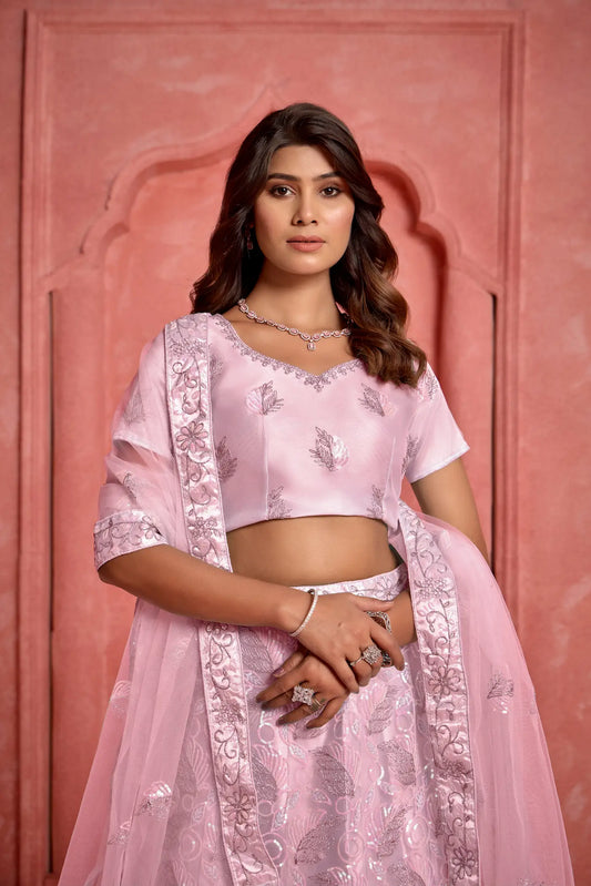 Light Pink Net Sequence & thread Embroidery Work Lehenga Choli