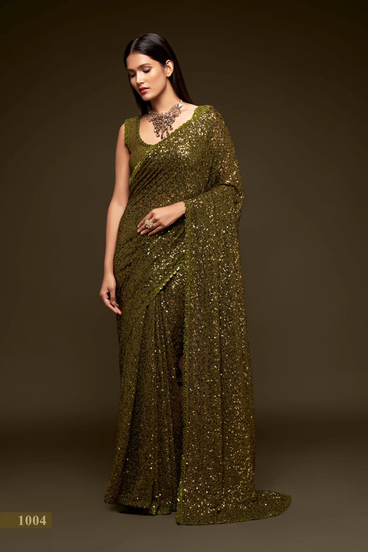 Olive Green Georgette with Thread And Multiple Sequins Embroidery Work