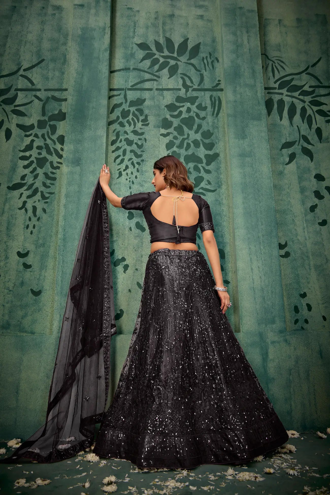 Black Net Thread & Sequence Embroidery Work Lehenga Choli