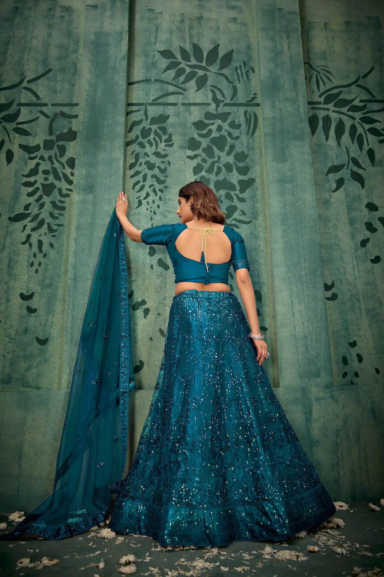 Crystal Teal Net Thread & Sequence Embroidery Work Lehenga Choli