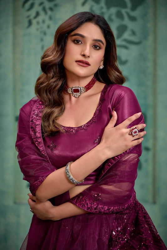 Wine Net Lehenga Choli With Thread & Sequence Embroidery Work