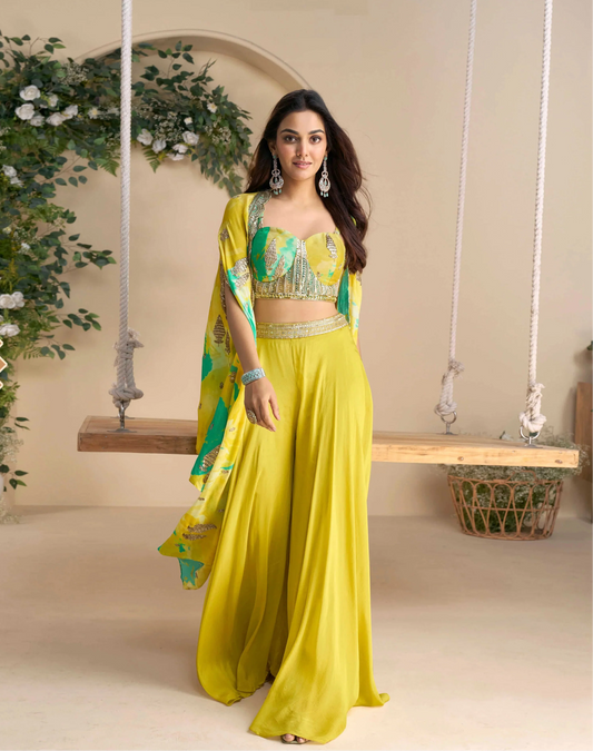 Lime Yellow Embroidered Indo Western Set