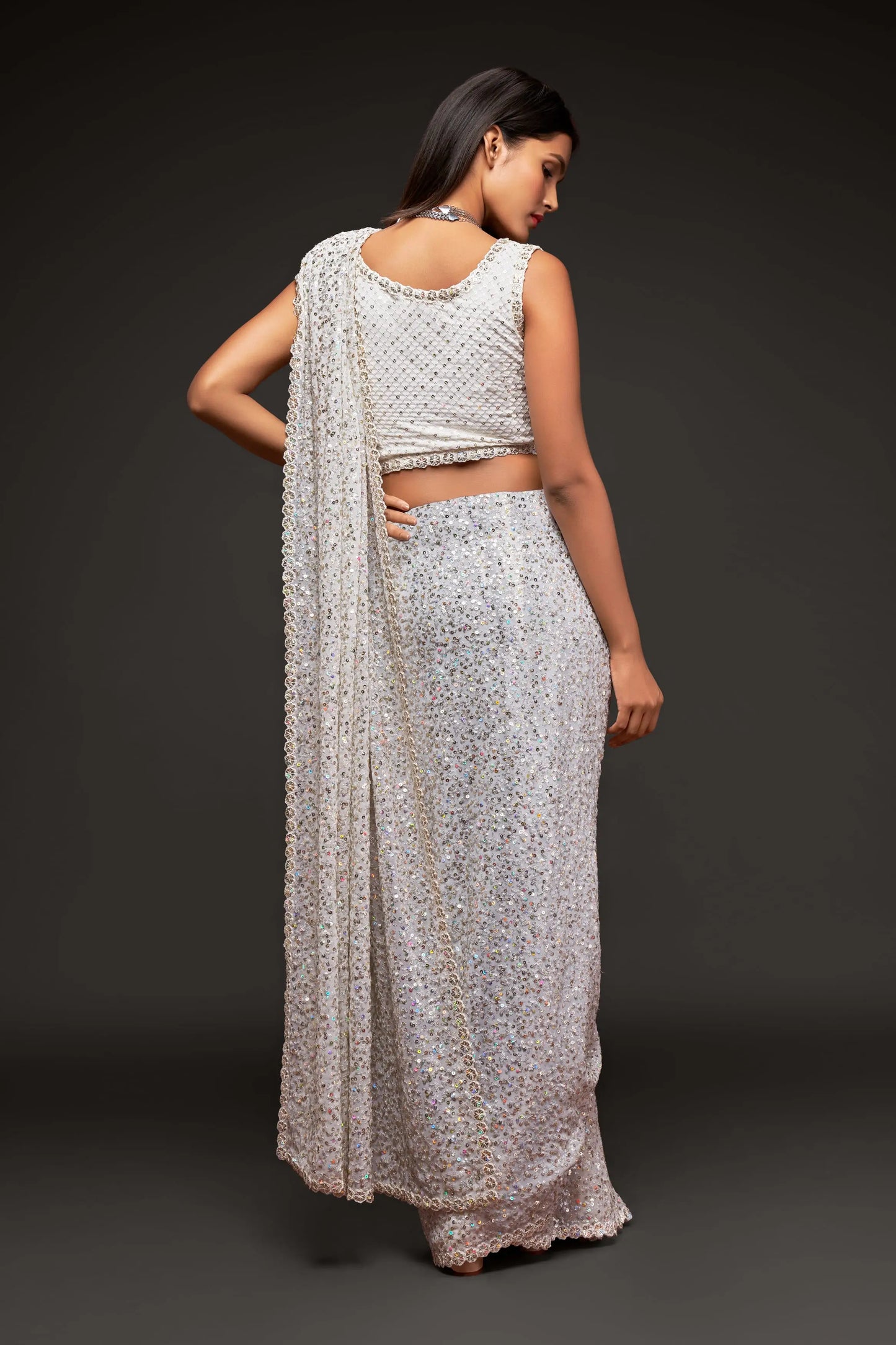 Pearl White Georgette Saree with Thread And Multiple Sequins Embroidery Work