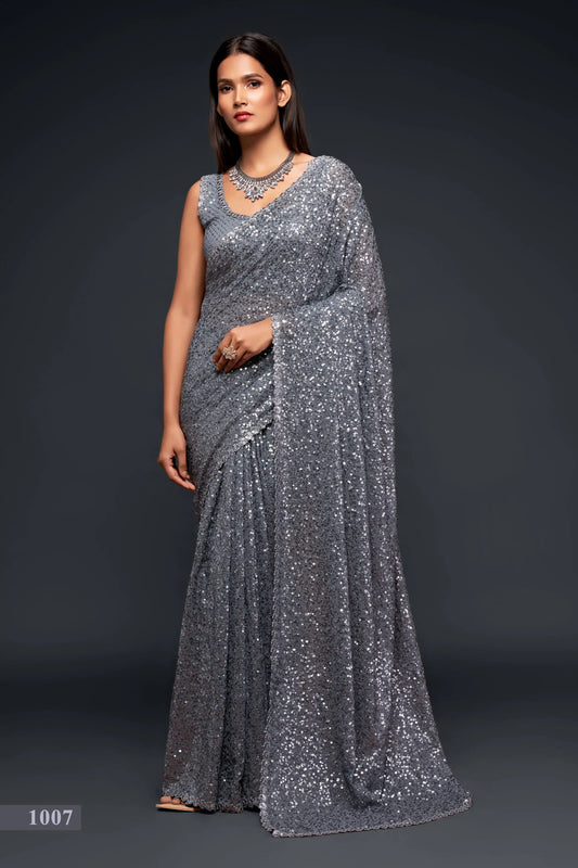 Slate Grey Georgette Saree with Thread And Multiple Sequins Embroidery Work