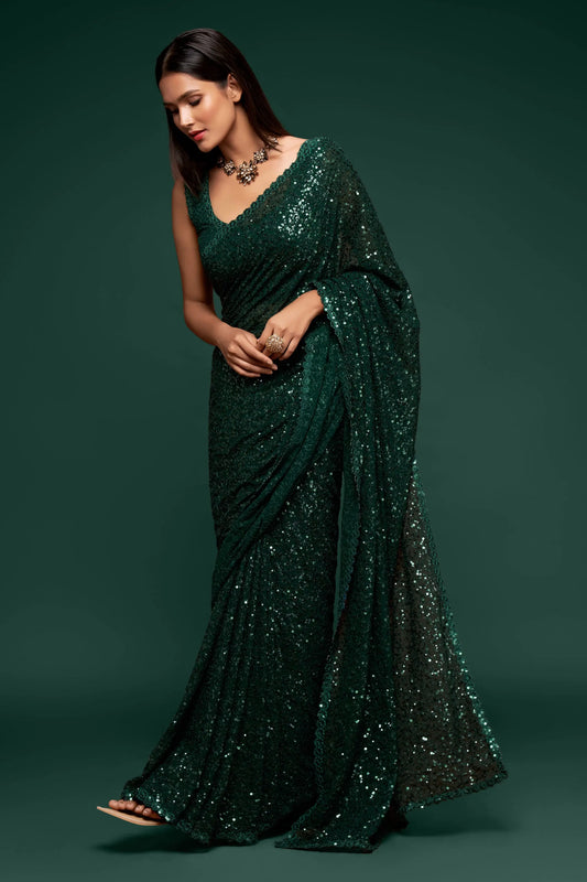 Deep Green Georgette Saree with Thread And Multiple Sequins Embroidery Work