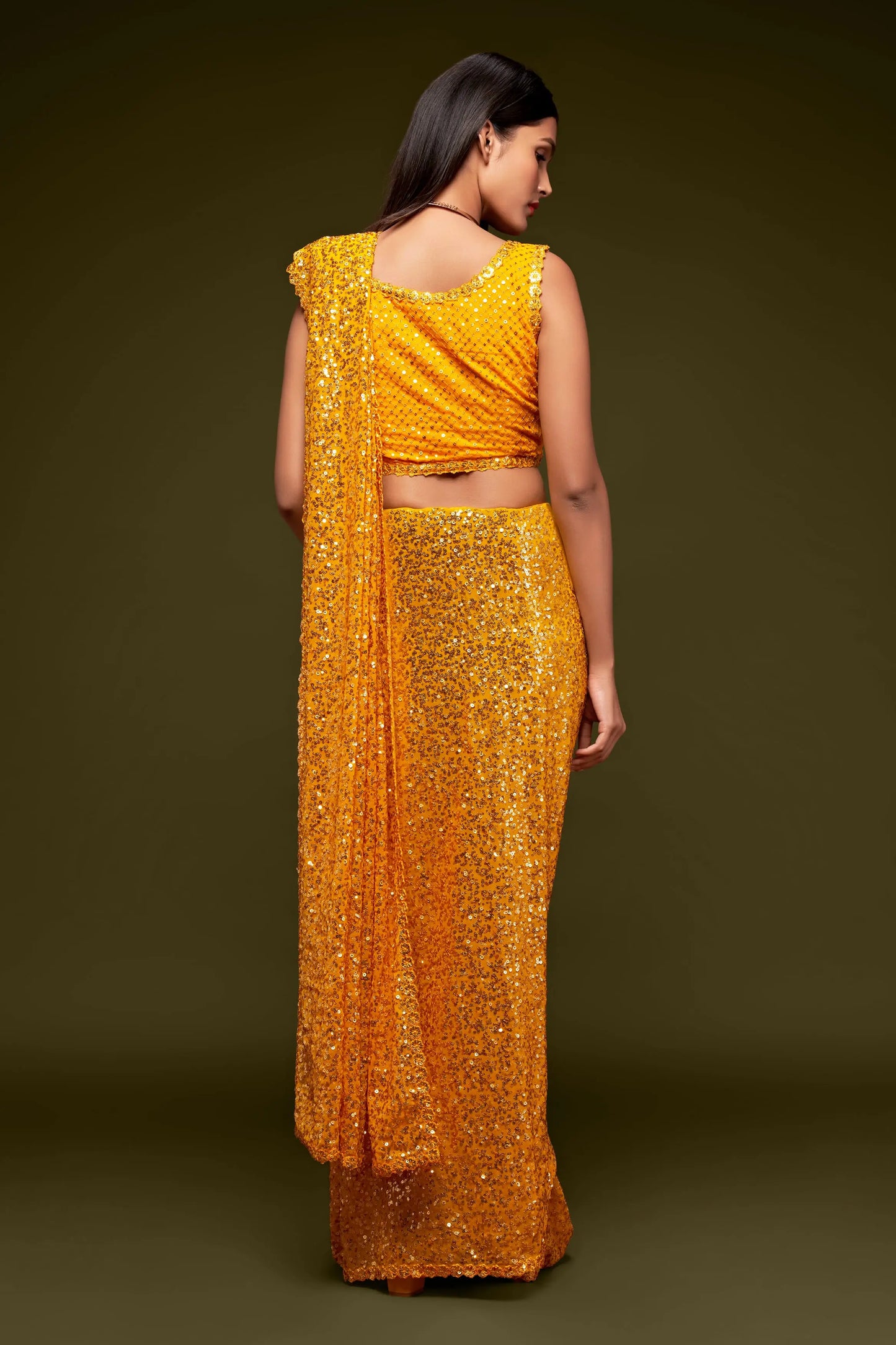 Honey Yellow Georgette with Thread And Multiple Sequins Embroidery Work