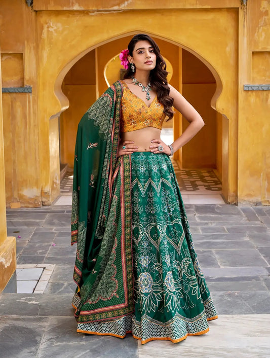 Bottle Green Silk Printed Lehenga Choli