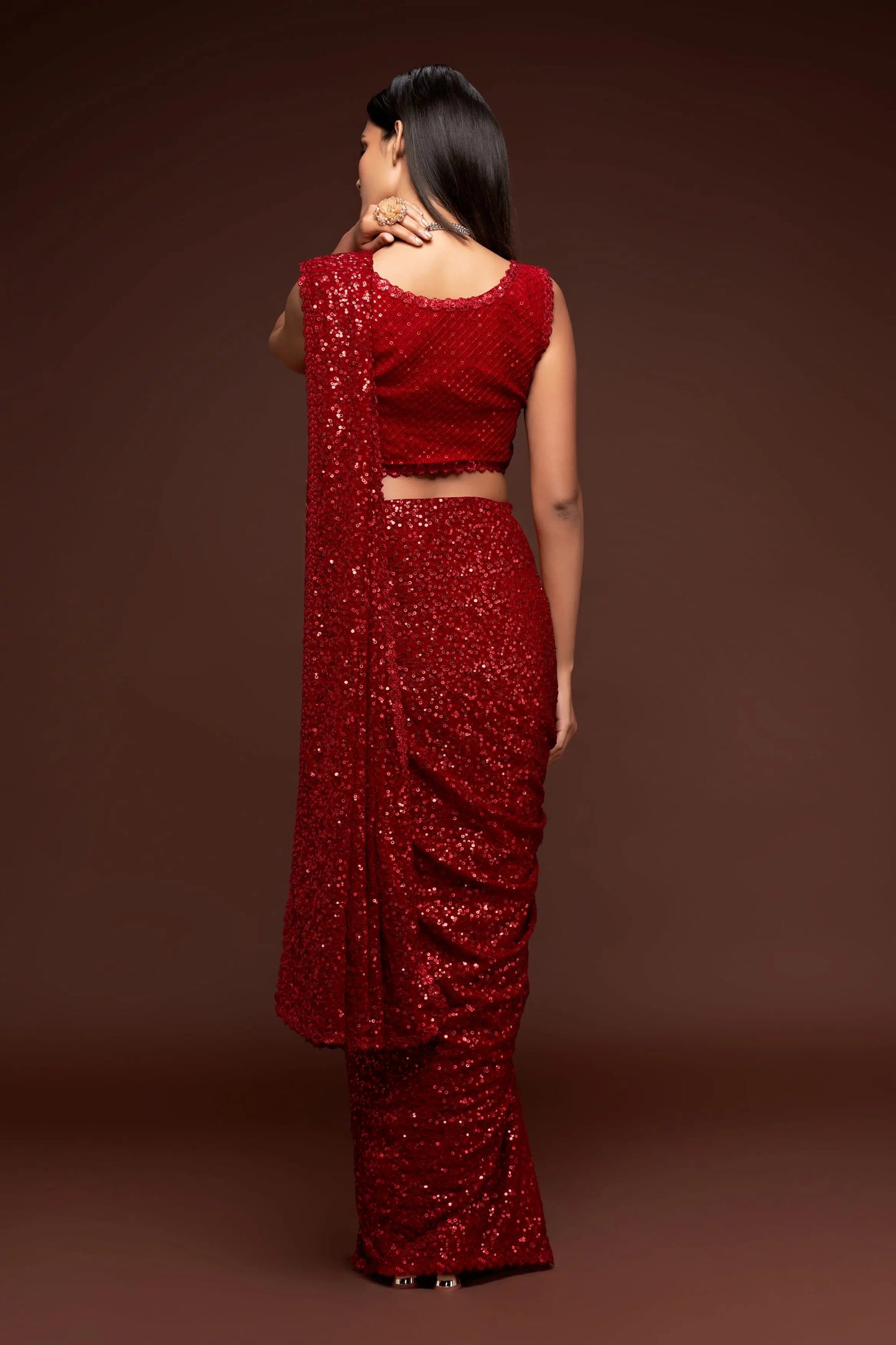 Ruby Red Georgette Saree with Thread And Multiple Sequins Embroidery Work