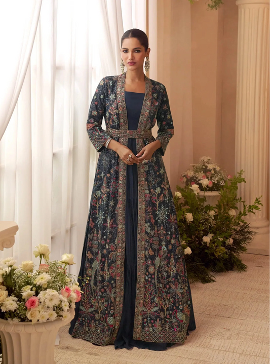 Navy Blue Gown With Embroidered Shrug