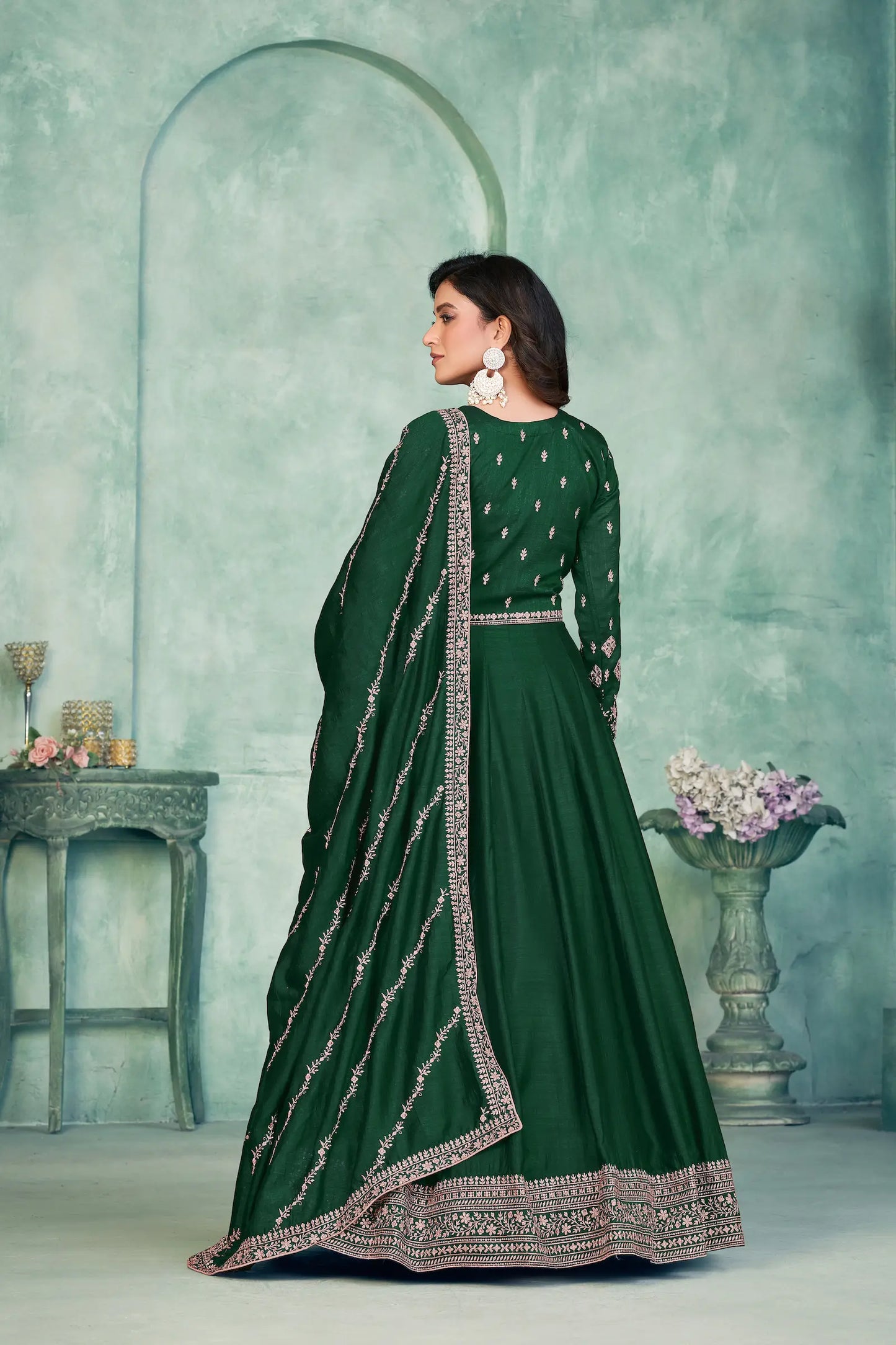 Green Art Silk Gown With Zari & Thread Embroidery Work